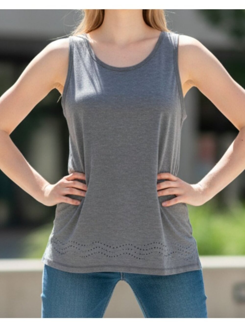 Gray Sleeveless Tank Top With Laser-Cut Detailing & Racerback Design